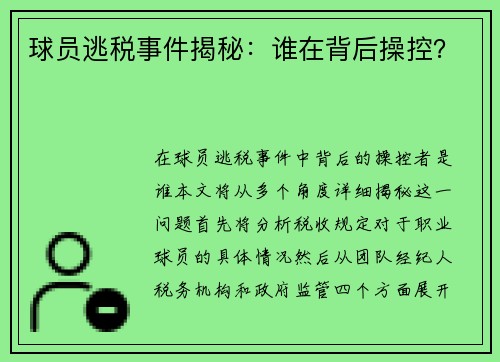 球员逃税事件揭秘：谁在背后操控？